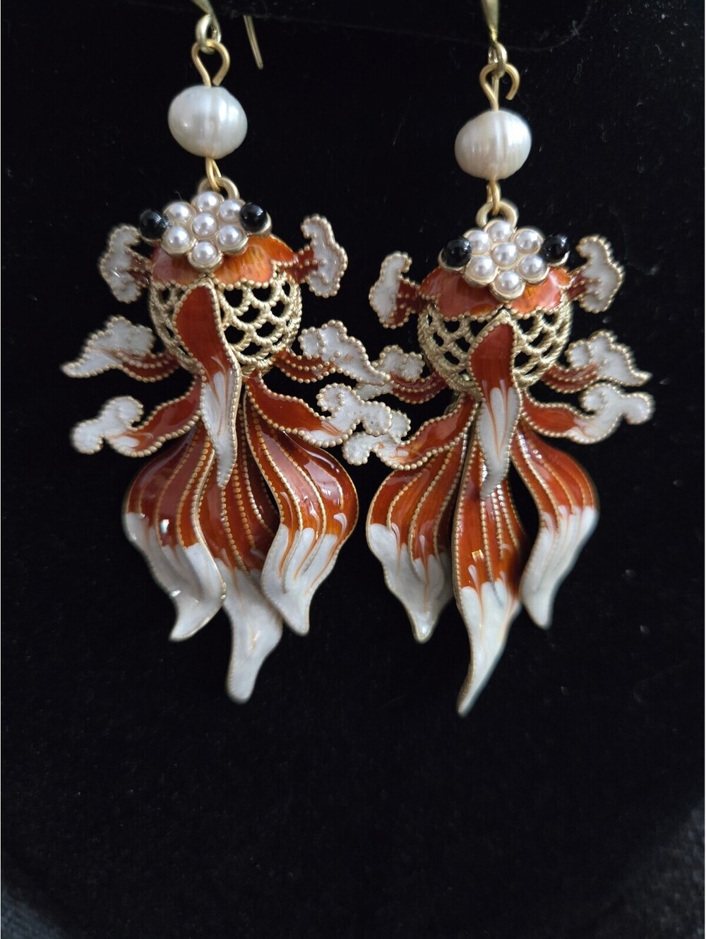 Koi Fish Enamel Freshwater Pearls Big Dangle Earrings Luxury